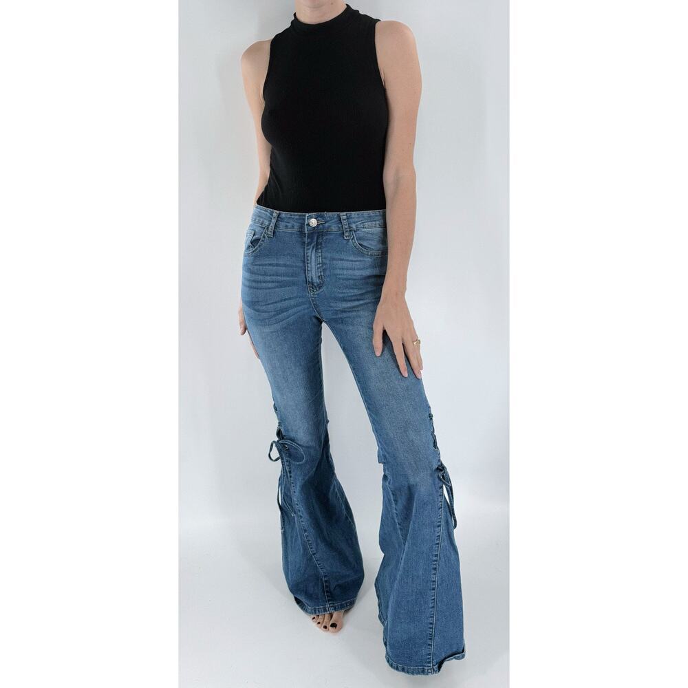 Y2K Inspired Tie Bottom Flare Jeans Blue Denim Lace Up Bell Bottom Pants Medium